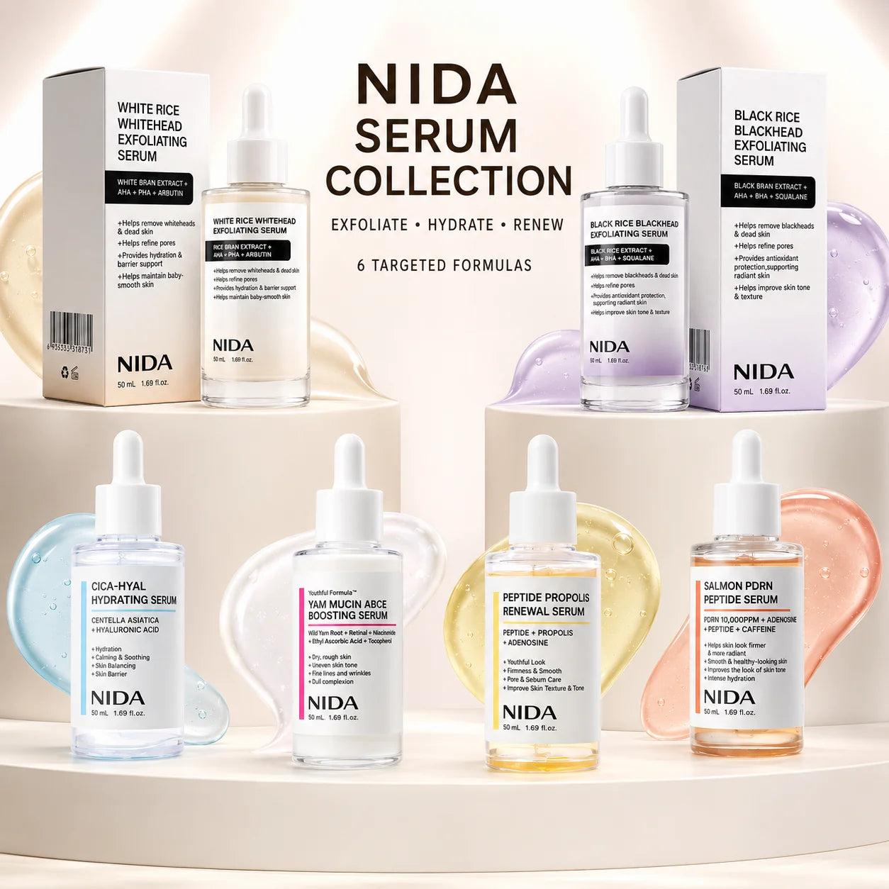 NIDA Serum - Black White Rice, Youthful Yam Mucin, Salmon PDRN Peptide, Centella for Skin Hydrate Renewal Exfoliating Moisturize